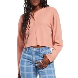 BP. Cotton Blend Thermal Henley Long Sleeve Top Pink Dawn Size S